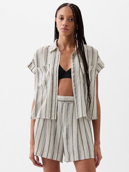 GAP Tops - GAP NWT Linen-Blend Cropped Shirt in Natural Stripe size XS Petite